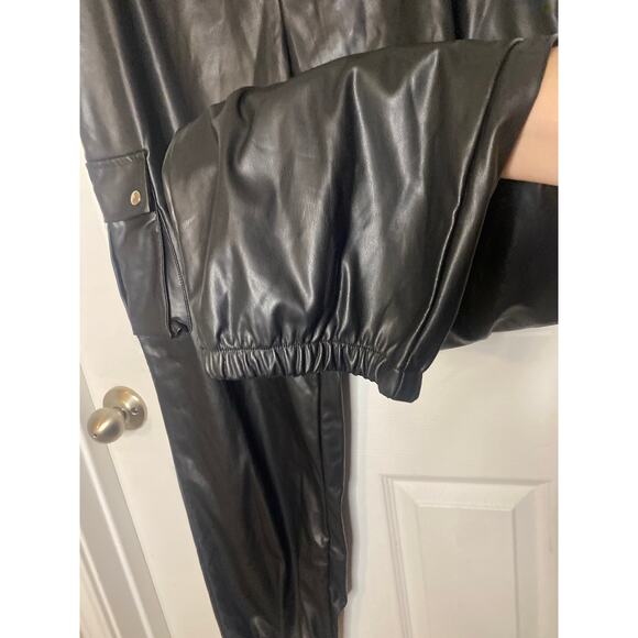 PrettyLittleThing Black Faux Leather Cargo Jogger Pants - Size 20 Edgy - Picture 4 of 7